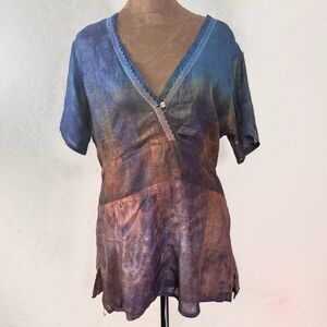 Womens Batik 100% Silk Top M L Brown Blue Artsy Crochet Festival Eclectic Boho